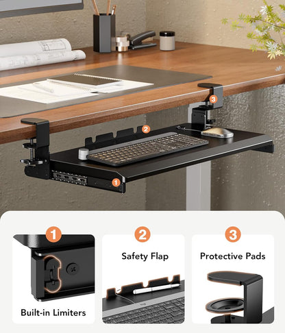 Keyboard Tray Under Desk Pull Out with Extra Sturdy C Clamp Mount System, 27.3 (32.5 inch Including Clamps) x 11 Inch Slide-Out Platform Computer Drawer for Typing Black