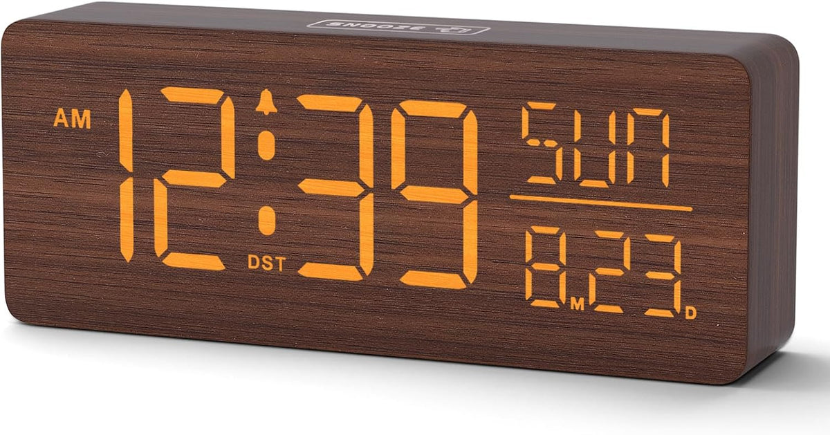Wooden Digital Alarm Clock Large Display, Textured Decoration