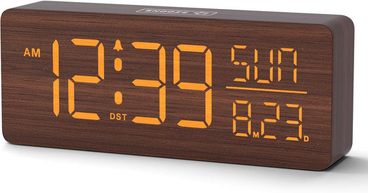 Wooden Digital Alarm Clock Large Display, Textured Decoration