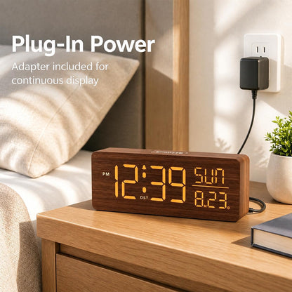 Wooden Digital Alarm Clock Large Display, Textured Decoration