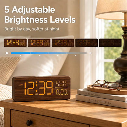 Wooden Digital Alarm Clock Large Display, Textured Decoration