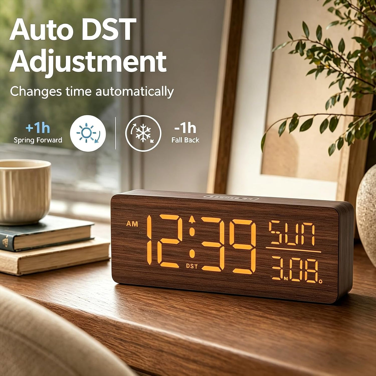 Wooden Digital Alarm Clock Large Display, Textured Decoration