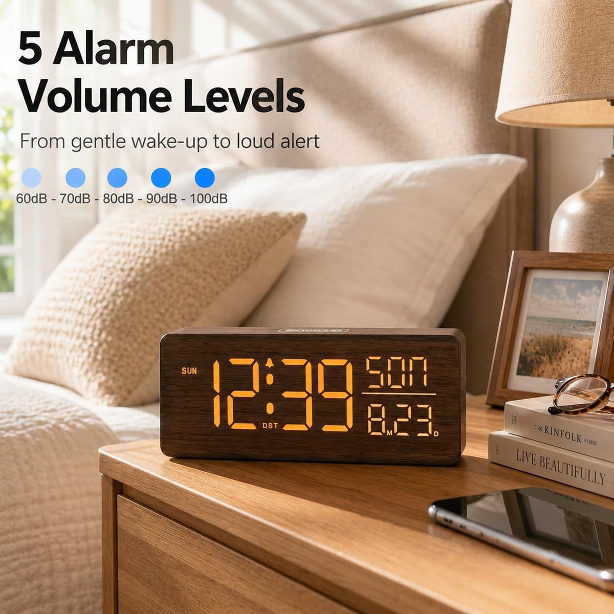 Wooden Digital Alarm Clock Large Display, Textured Decoration
