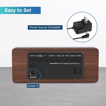 Wooden Digital Alarm Clock Large Display, Textured Decoration