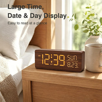 Wooden Digital Alarm Clock Large Display, Textured Decoration