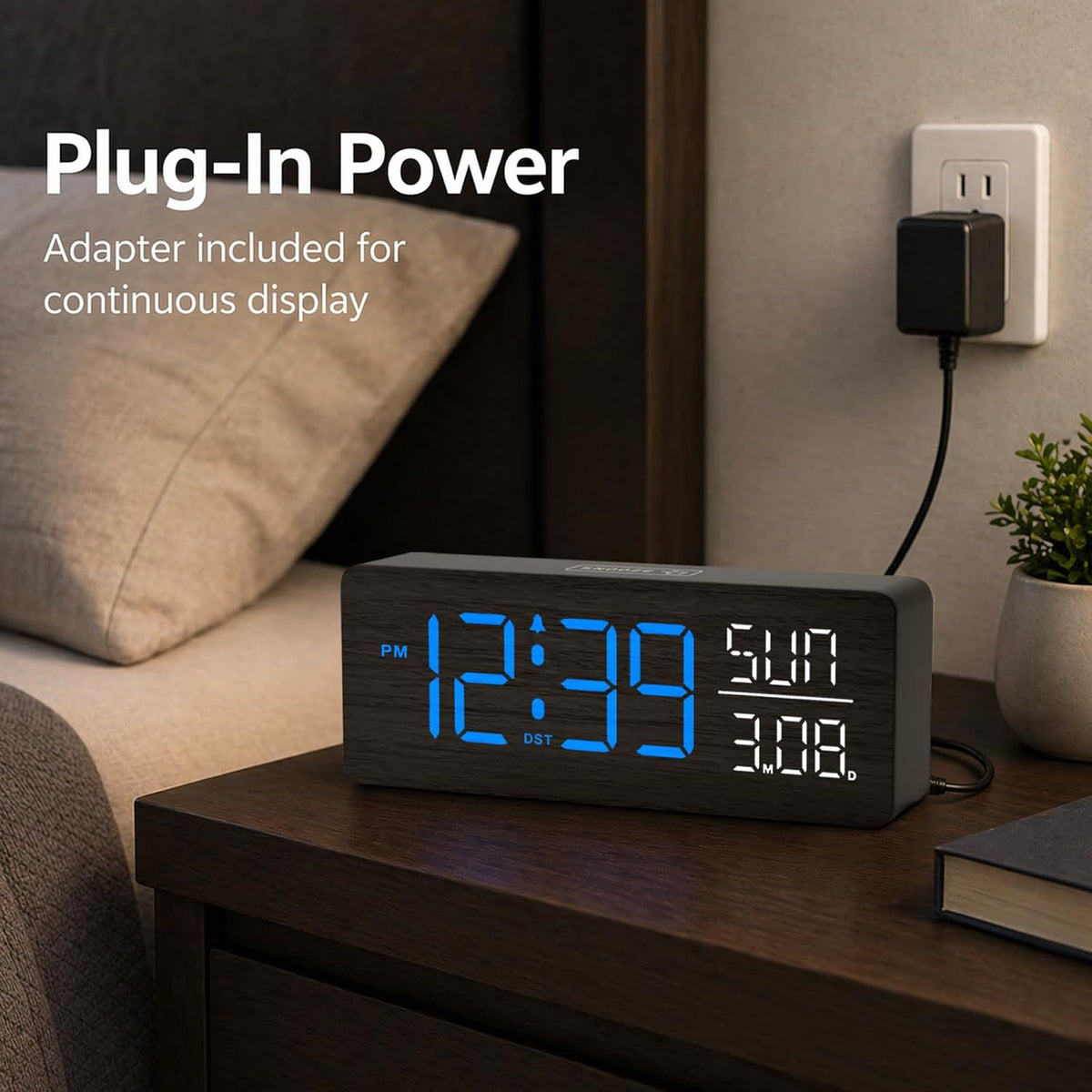 Wooden Digital Alarm Clock Large Display, Textured Decoration