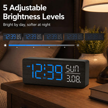 Wooden Digital Alarm Clock Large Display, Textured Decoration