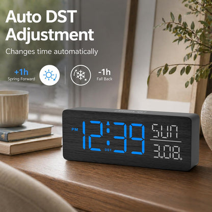 Wooden Digital Alarm Clock Large Display, Textured Decoration