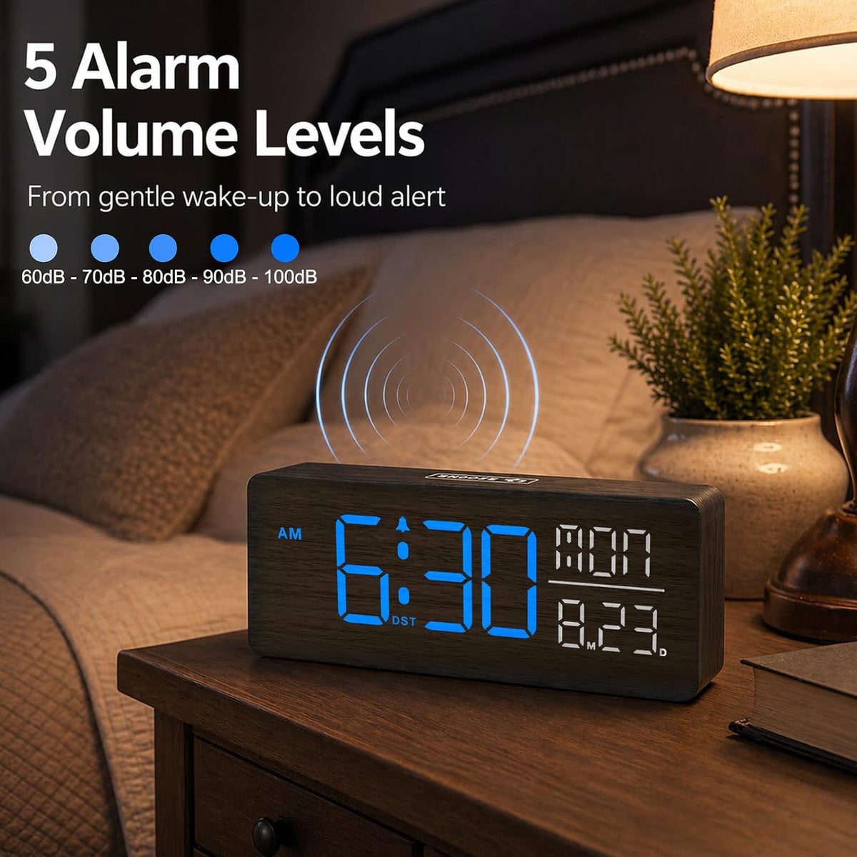 Wooden Digital Alarm Clock Large Display, Textured Decoration