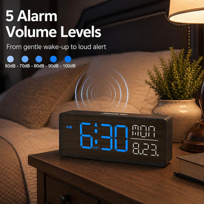 Wooden Digital Alarm Clock Large Display, Textured Decoration