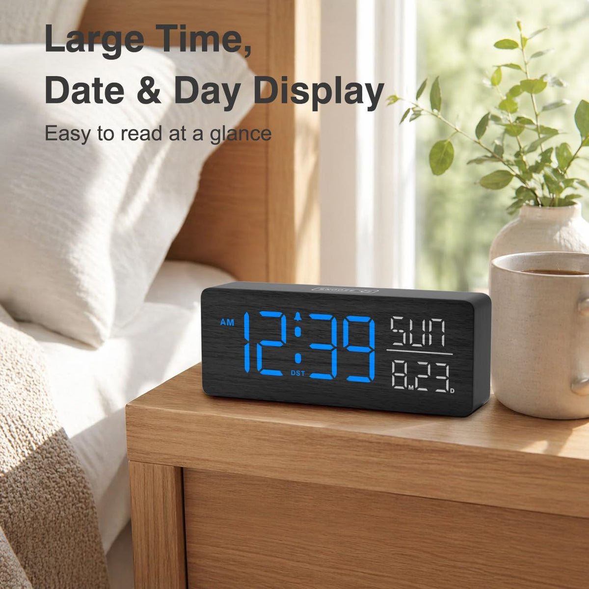 Wooden Digital Alarm Clock Large Display, Textured Decoration