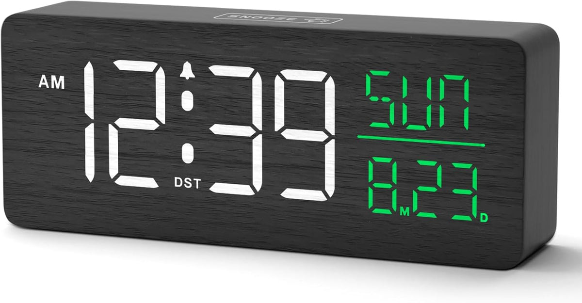 Wooden Digital Alarm Clock Large Display, Textured Decoration