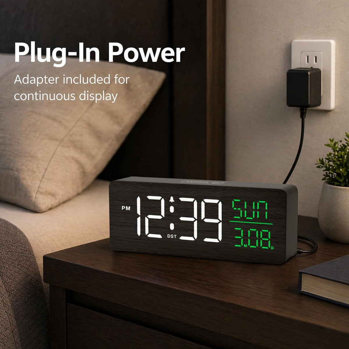 Wooden Digital Alarm Clock Large Display, Textured Decoration