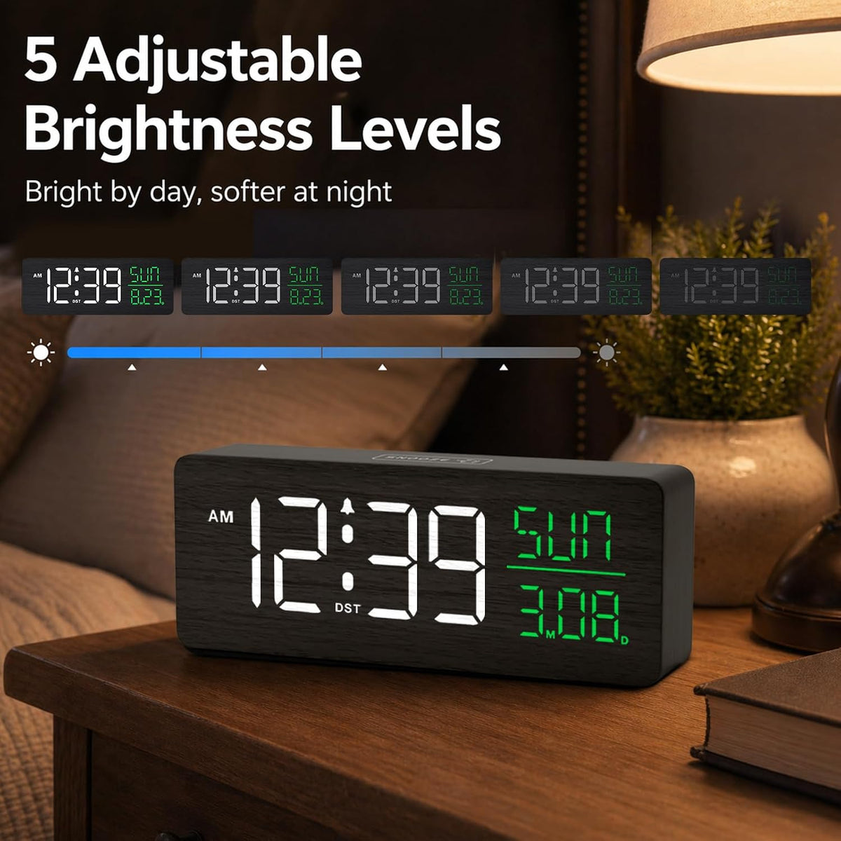 Wooden Digital Alarm Clock Large Display, Textured Decoration