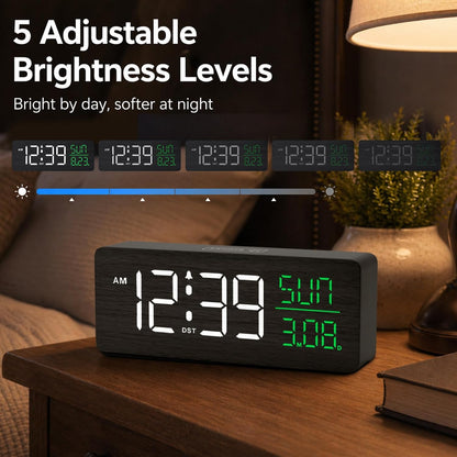 Wooden Digital Alarm Clock Large Display, Textured Decoration