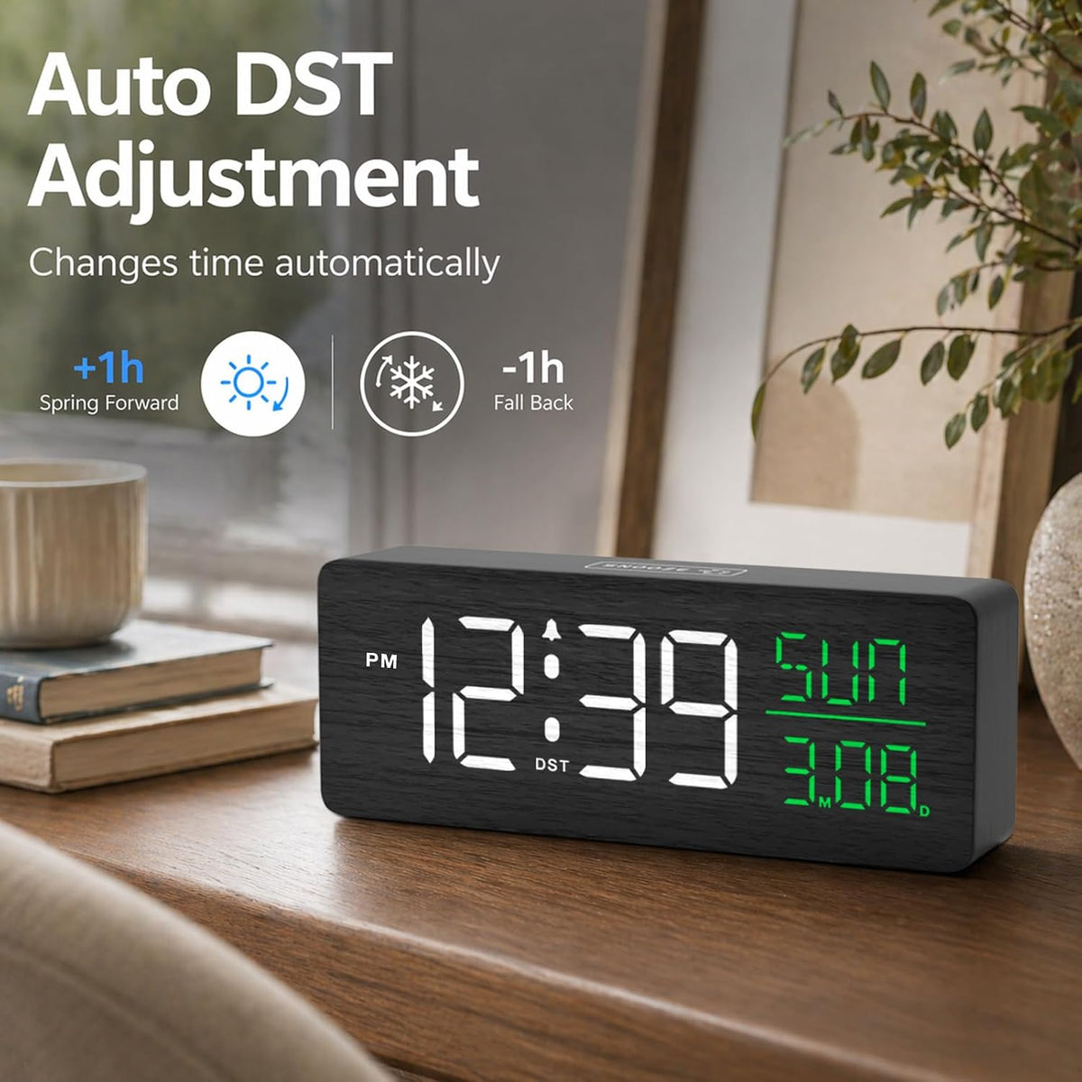 Wooden Digital Alarm Clock Large Display, Textured Decoration