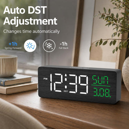 Wooden Digital Alarm Clock Large Display, Textured Decoration