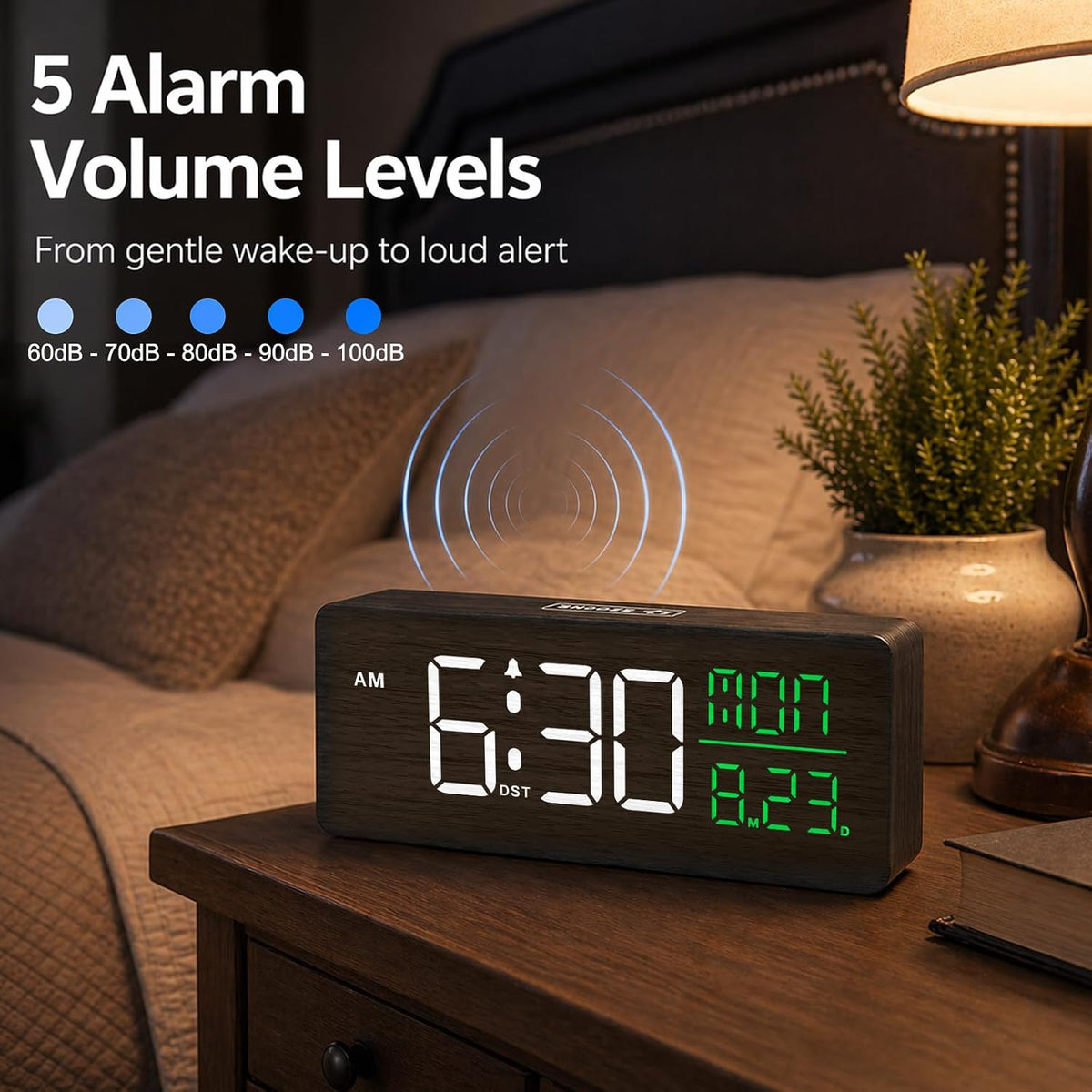 Wooden Digital Alarm Clock Large Display, Textured Decoration