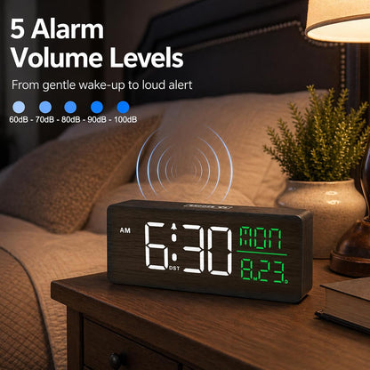 Wooden Digital Alarm Clock Large Display, Textured Decoration