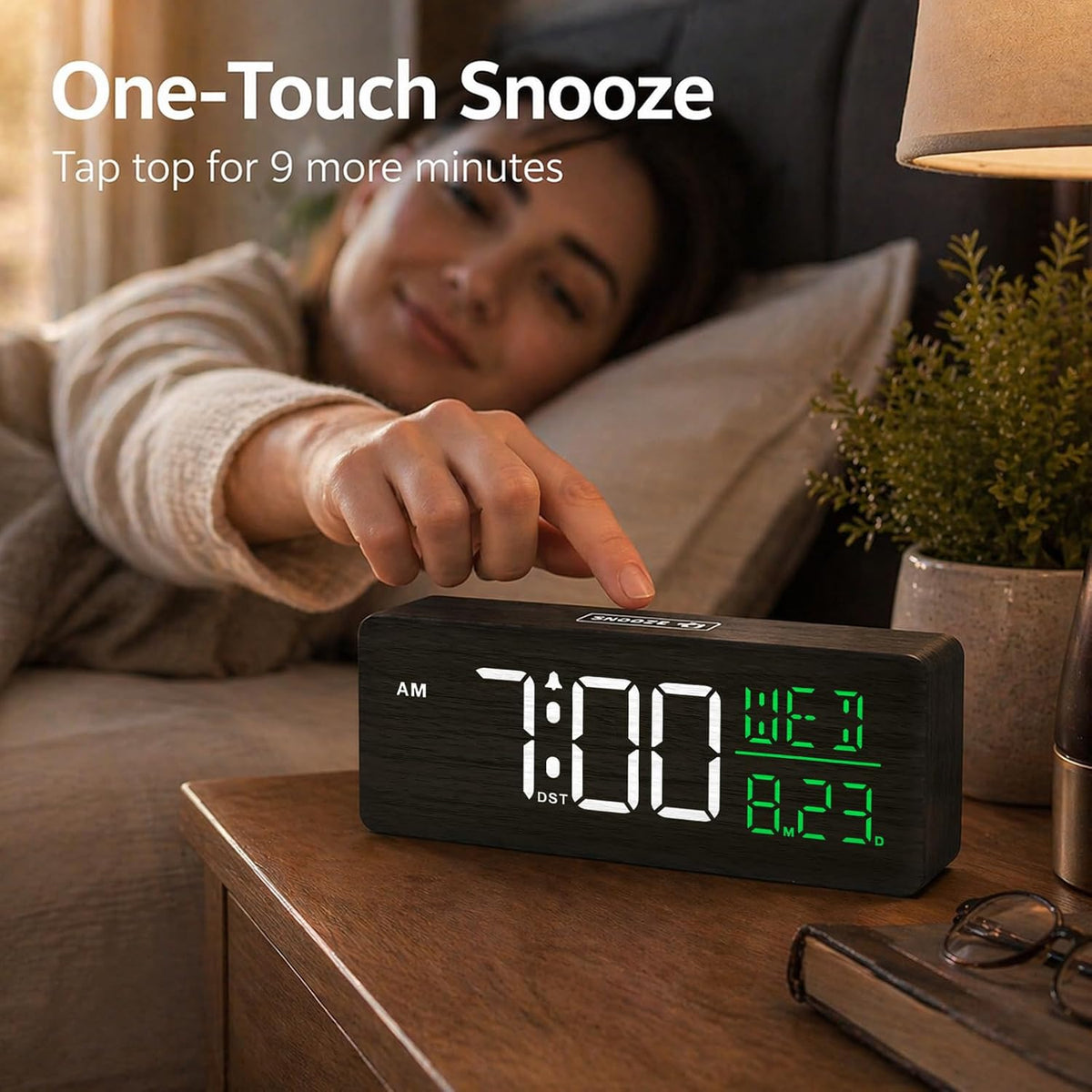 Wooden Digital Alarm Clock Large Display, Textured Decoration