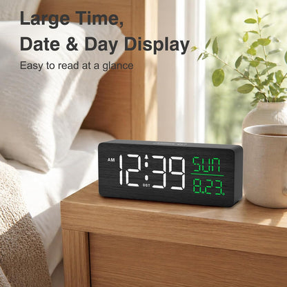Wooden Digital Alarm Clock Large Display, Textured Decoration