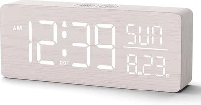 Wooden Digital Alarm Clock Large Display, Textured Decoration
