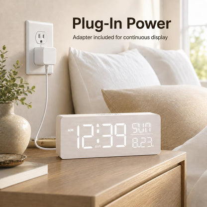 Wooden Digital Alarm Clock Large Display, Textured Decoration