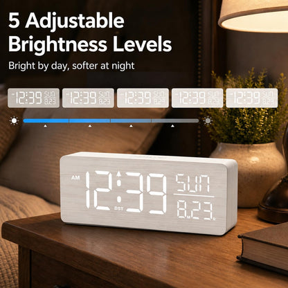 Wooden Digital Alarm Clock Large Display, Textured Decoration