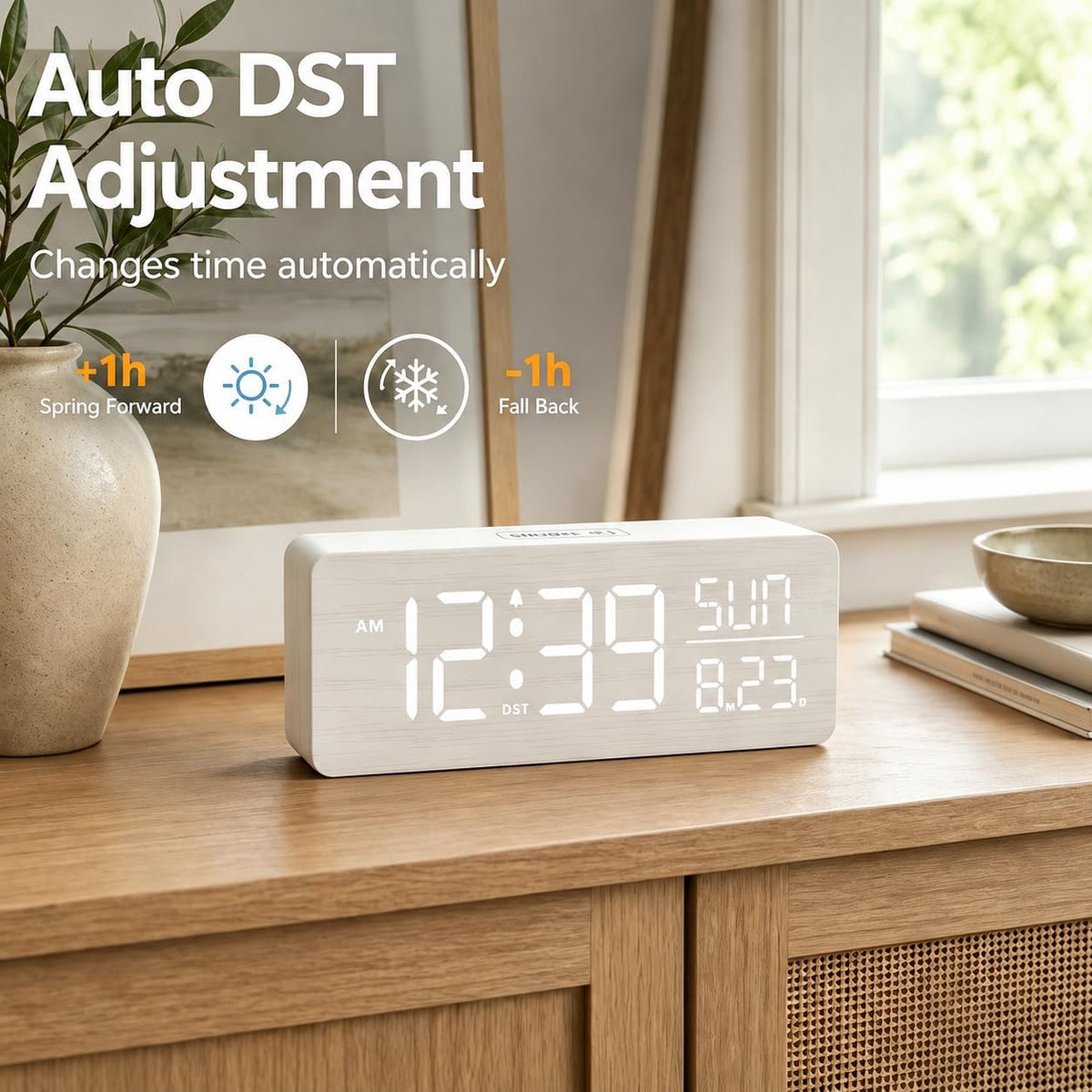Wooden Digital Alarm Clock Large Display, Textured Decoration