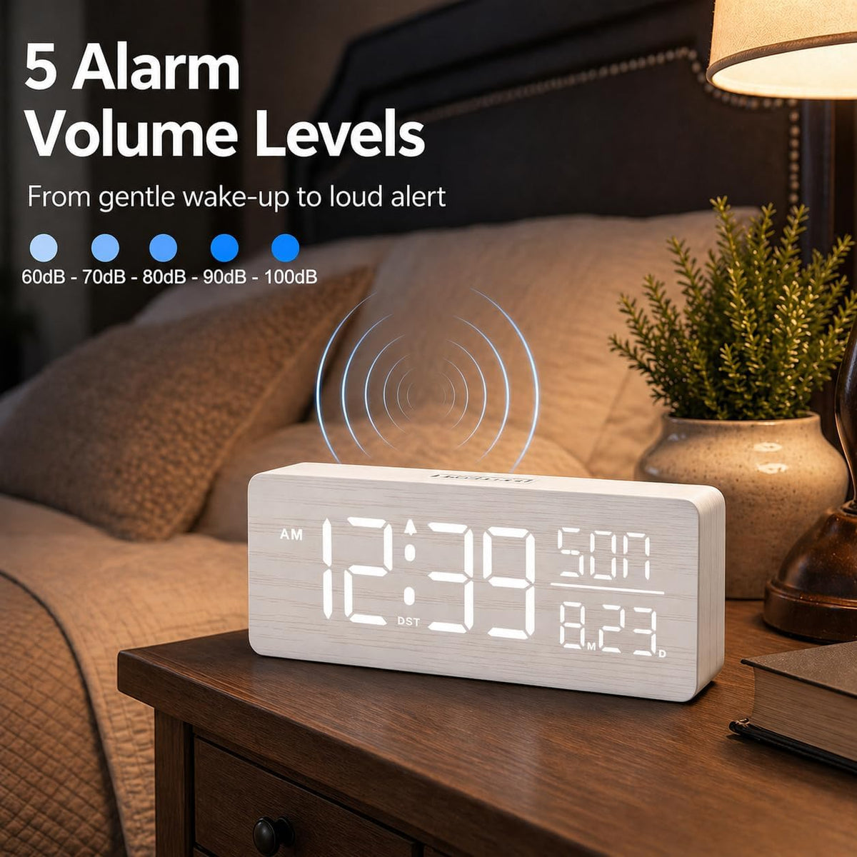 Wooden Digital Alarm Clock Large Display, Textured Decoration