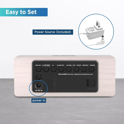 Wooden Digital Alarm Clock Large Display, Textured Decoration