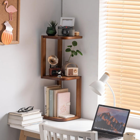Corner Shelf Stand Desk Organizer,26.8" H Rubberwood Brown Rack for Small Spaces, Bedroom,Home Office,Kitchen,Bathroom (Walnut, 3 Tier)