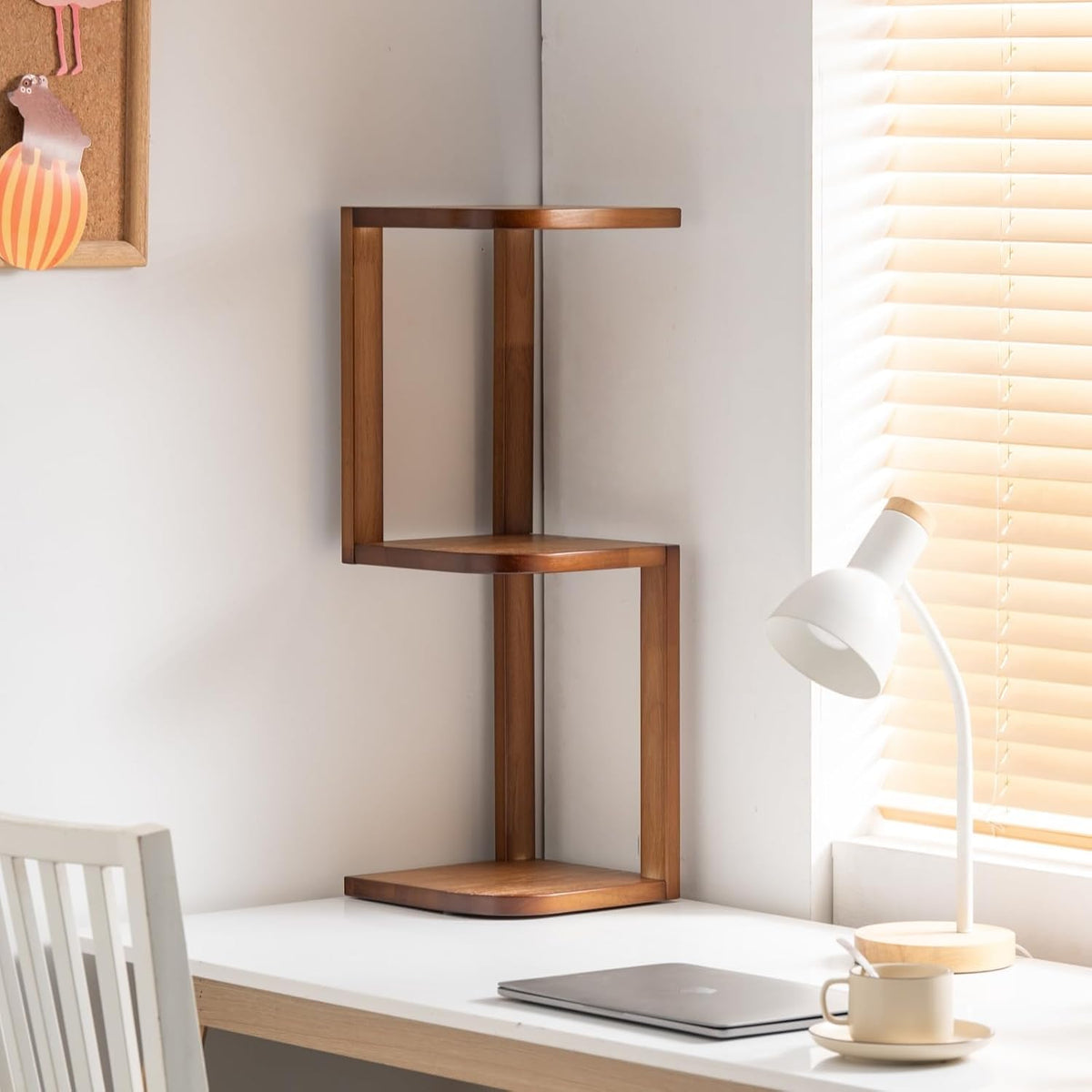 Corner Shelf Stand Desk Organizer,26.8" H Rubberwood Brown Rack for Small Spaces, Bedroom,Home Office,Kitchen,Bathroom (Walnut, 3 Tier)