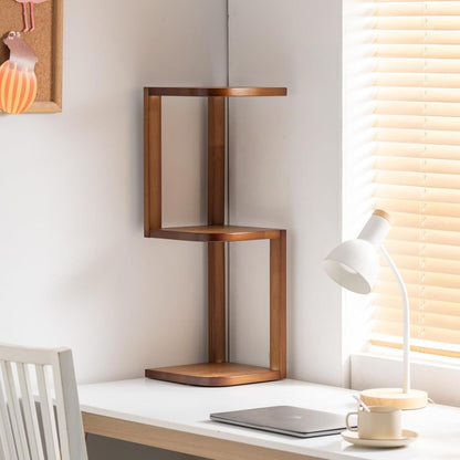 Corner Shelf Stand Desk Organizer,26.8" H Rubberwood Brown Rack for Small Spaces, Bedroom,Home Office,Kitchen,Bathroom (Walnut, 3 Tier)
