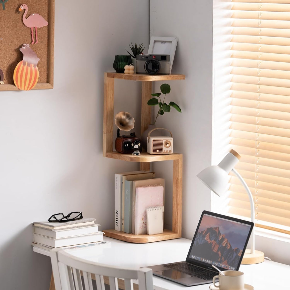 Corner Shelf Stand Desk Organizer,26.8" H Rubberwood Brown Rack for Small Spaces, Bedroom,Home Office,Kitchen,Bathroom (Walnut, 3 Tier)