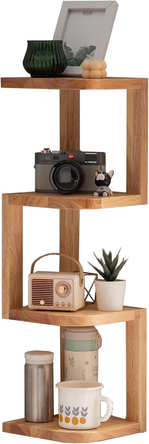 Corner Shelf Stand Desk Organizer,26.8" H Rubberwood Brown Rack for Small Spaces, Bedroom,Home Office,Kitchen,Bathroom (Walnut, 3 Tier)