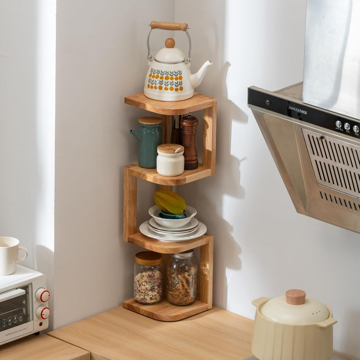 Corner Shelf Stand Desk Organizer,26.8" H Rubberwood Brown Rack for Small Spaces, Bedroom,Home Office,Kitchen,Bathroom (Walnut, 3 Tier)