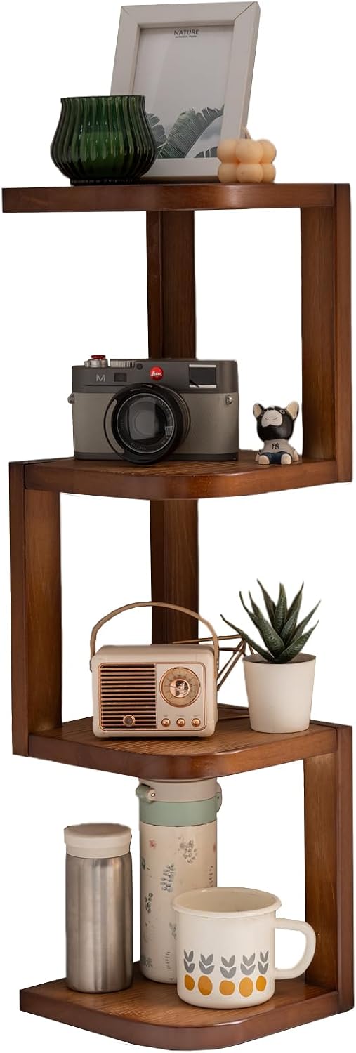 Corner Shelf Stand Desk Organizer,26.8" H Rubberwood Brown Rack for Small Spaces, Bedroom,Home Office,Kitchen,Bathroom (Walnut, 3 Tier)