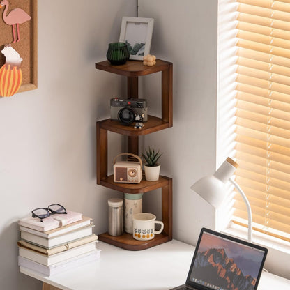 Corner Shelf Stand Desk Organizer,26.8" H Rubberwood Brown Rack for Small Spaces, Bedroom,Home Office,Kitchen,Bathroom (Walnut, 3 Tier)