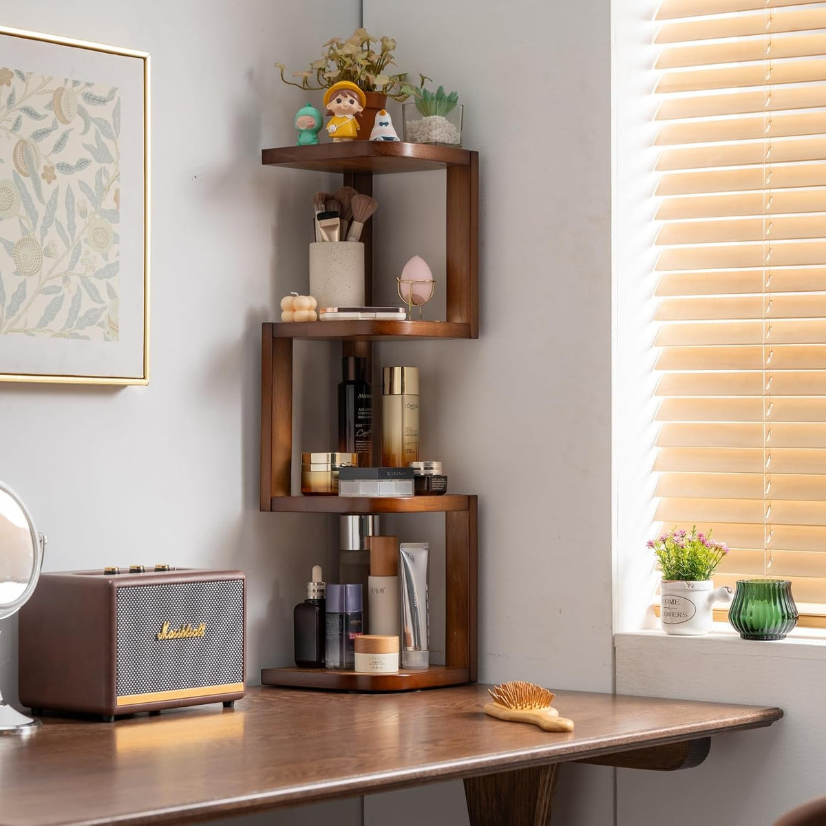 Corner Shelf Stand Desk Organizer,26.8" H Rubberwood Brown Rack for Small Spaces, Bedroom,Home Office,Kitchen,Bathroom (Walnut, 3 Tier)