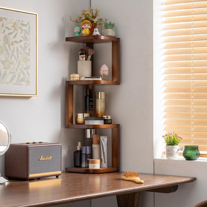 Corner Shelf Stand Desk Organizer,26.8" H Rubberwood Brown Rack for Small Spaces, Bedroom,Home Office,Kitchen,Bathroom (Walnut, 3 Tier)