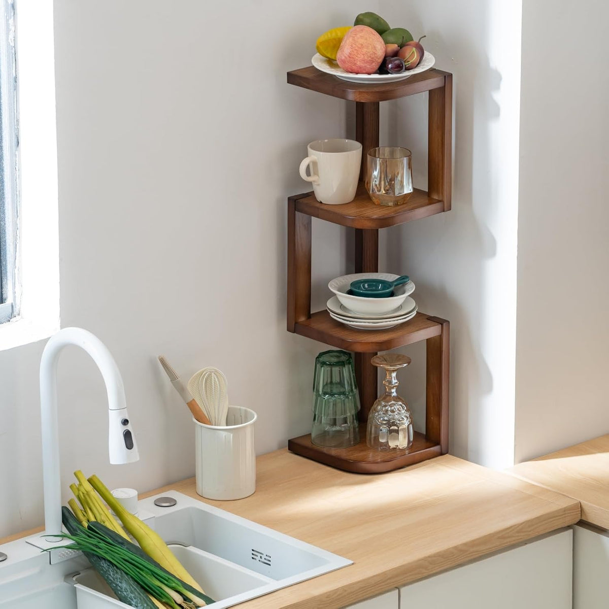 Corner Shelf Stand Desk Organizer,26.8" H Rubberwood Brown Rack for Small Spaces, Bedroom,Home Office,Kitchen,Bathroom (Walnut, 3 Tier)