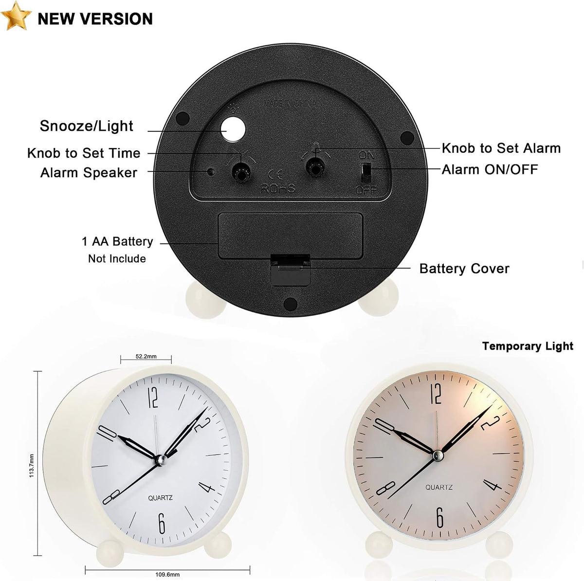 Outwit Analog Alarm Clock, 4 inch Super Silent Non Ticking Small Clock with Night Light, Battery Operated, Simply Design, for Bedroom, Bedside, Desk