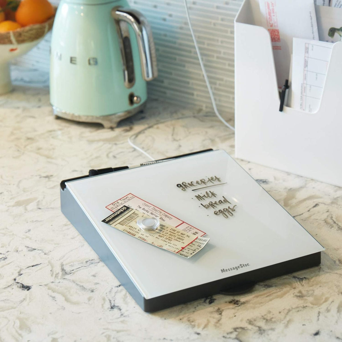 MessageStor Dry-Erase Glass Board Memo Station, Desk Organizer, White
