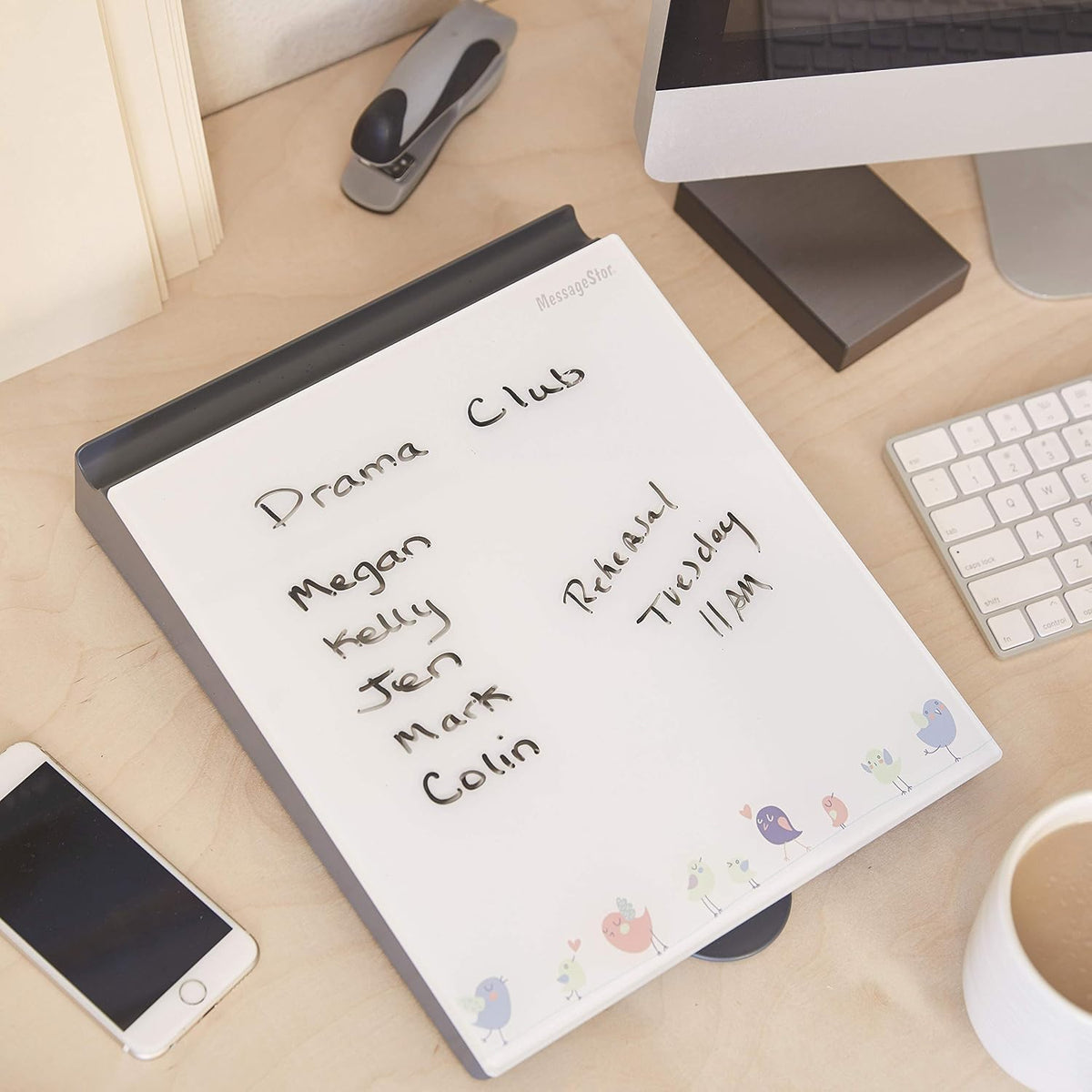 MessageStor Dry-Erase Glass Board Memo Station, Desk Organizer, White
