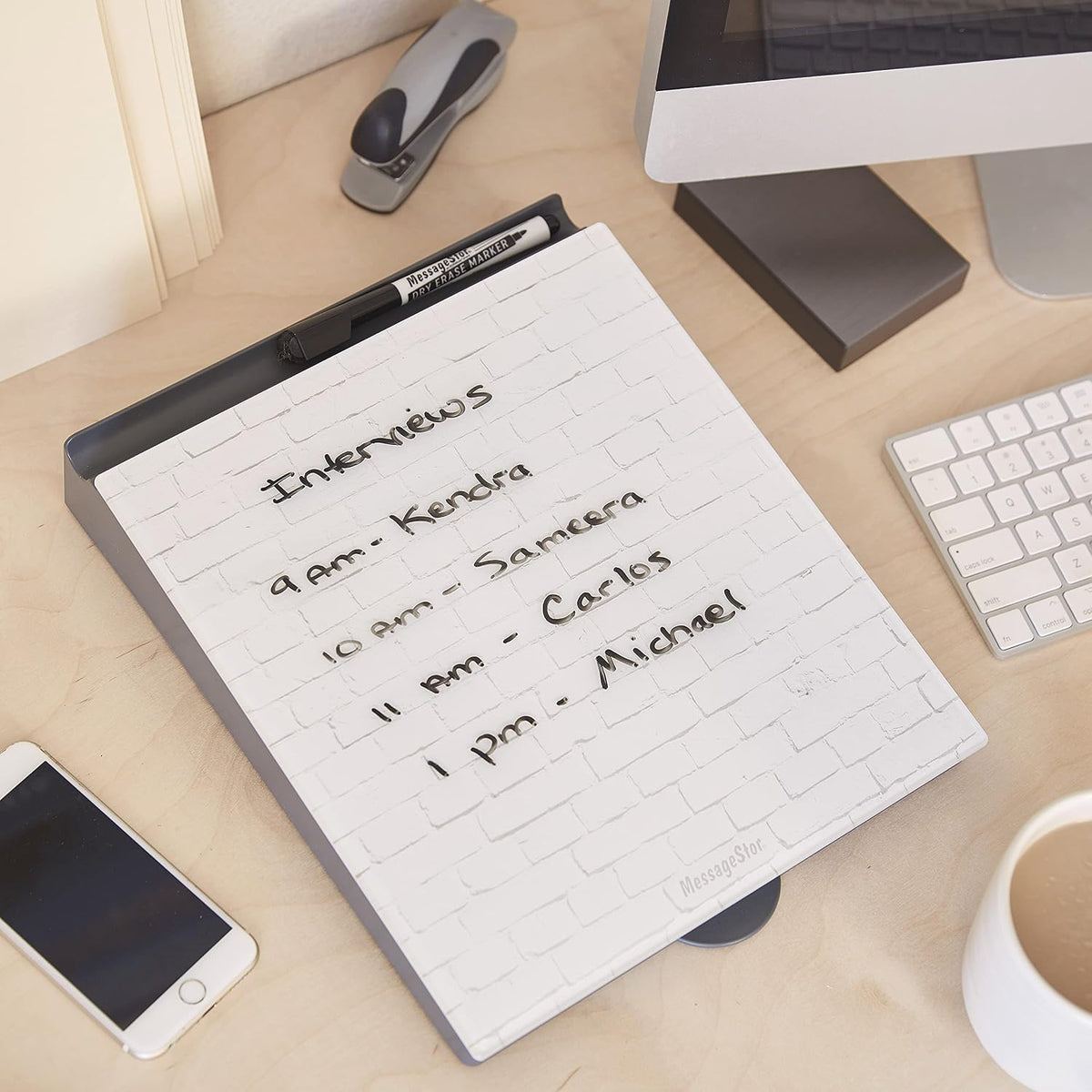 MessageStor Dry-Erase Glass Board Memo Station, Desk Organizer, White