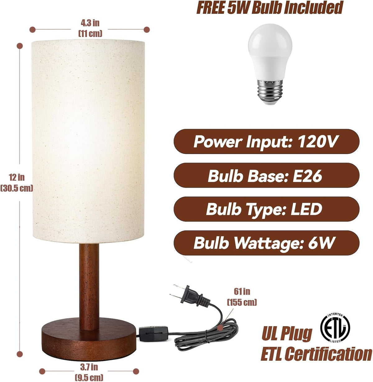 Small Table Lamp，Nightstand Lamp Wood Base Bedside Lamp Plug in