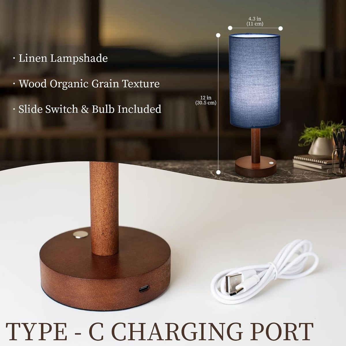 Small Table Lamp，Nightstand Lamp Wood Base Bedside Lamp Plug in