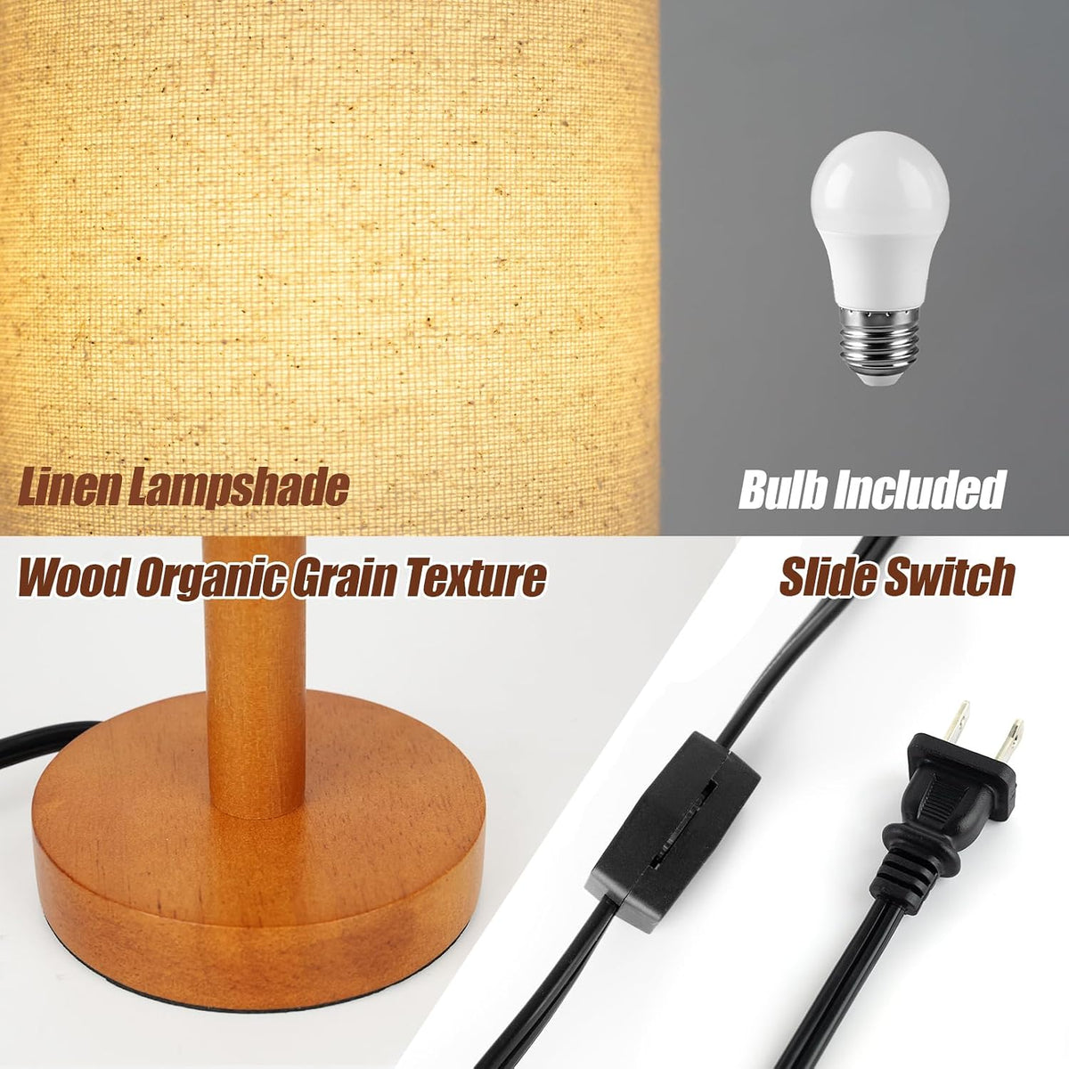 Small Table Lamp，Nightstand Lamp Wood Base Bedside Lamp Plug in