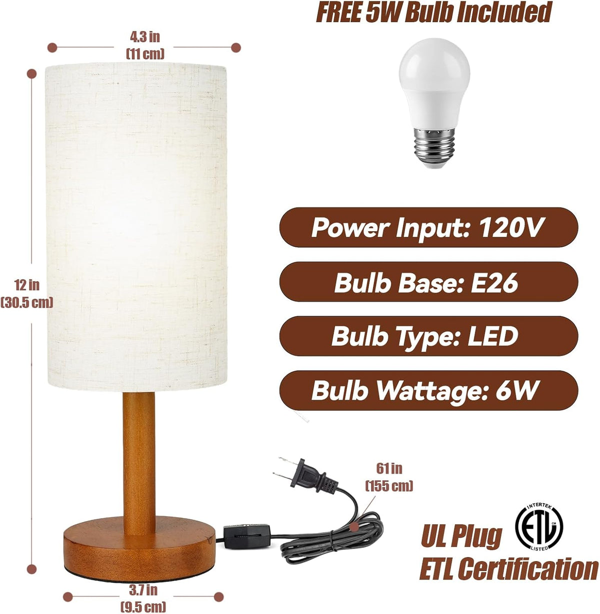 Small Table Lamp，Nightstand Lamp Wood Base Bedside Lamp Plug in